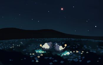 commentary_request field flower full_body gen_2_pokemon grass highres kura_(shironagasu02) mareep mountain night night_sky nintendo no_humans outdoors pokemon pokemon_(creature) pokemon_focus sky star_(sky)