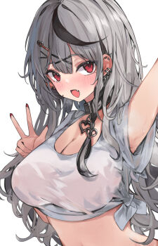 1girl :d appleseed_(appleseed_art) arm_up armpits black_choker black_hair breasts choker cleavage commentary_request ear_piercing fang grey_hair hair_between_eyes hair_ornament heart heart_choker heart_hair_ornament highres hololive large_breasts light_blush multicolored_hair nail_polish navel open_mouth piercing red_eyes red_nails sakamata_chloe selfie shirt simple_background smile steaming_body sweat v virtual_youtuber white_shirt x_hair_ornament