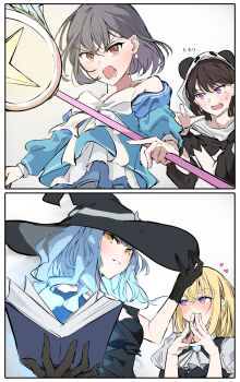 4girls absurdres animal_hood ascot bang_dream! bang_dream!_it&#039;s_mygo!!!!! black_dress black_gloves black_hair black_hat blonde_hair blue_hair blue_shirt blush book bow bowtie brown_eyes commentary dress earrings gloves grey_hair hair_between_eyes hat heart highres holding holding_book holding_wand hood hood_up jewelry lilachinami long_hair misumi_uika mole mole_under_eye multiple_girls off_shoulder open_mouth panda_hood purple_eyes sailor_collar sailor_shirt shiina_taki shirt short_hair steepled_fingers takamatsu_tomori teeth togawa_sakiko translated upper_teeth_only wand white_ascot white_bow white_bowtie witch witch_hat yuri