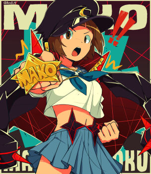 ! !! 1girl anah_41 black_hat black_jacket blue_neckerchief blue_skirt border brass_knuckles breasts brown_eyes brown_hair character_name commentary cowboy_shot english_commentary hat highres jacket kill_la_kill looking_at_viewer mankanshoku_mako navel neckerchief open_clothes open_jacket open_mouth pleated_skirt school_uniform serafuku short_hair skirt small_breasts solo weapon white_border