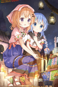 2girls :d absurdres anko_(gochiusa) blue_eyes blue_hair blue_skirt boots bottle braid brown_boots brown_hair brown_sandals brown_skirt candle commentary_request dia_de_muertos fire flower gochuumon_wa_usagi_desu_ka? hair_between_eyes hair_ornament hairclip highres hoto_cocoa kafuu_chino lantern low_twintails mexico multiple_girls night night_sky open_mouth outdoors purple_eyes sandals shirt short_sleeves skirt sky smile squatting stick_jitb sunflower tippy_(gochiusa) tiptoes twin_braids twintails white_shirt x_hair_ornament yellow_flower