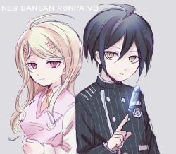 Rule 34 | 1boy, 1girl, ahoge, akamatsu kaede, black hair, black jacket, black sleeves, blonde hair, breasts, bullet, buttons, clenched hand, closed mouth, collared jacket, collared shirt, commentary request, copyright name, crest, danganronpa (series), danganronpa v3: killing harmony, double-breasted, expressionless, eyelashes, fortissimo, grey background, hair between eyes, hair ornament, ibara (yumekui317), jacket, large breasts, layered sleeves, long hair, long sleeves, looking at viewer, musical note, musical note hair ornament, pink eyes, pink vest, pinstripe jacket, pinstripe pattern, pocket, pointing, saihara shuichi, shirt, short hair, sidelocks, simple background, upper body, v-neck, vertical-striped sleeves, vest, wavy hair, white shirt, white sleeves, yellow eyes
