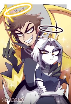 1boy 1girl adam_(hazbin_hotel) angel angel_wings animification artist_name asymmetrical_eyes beard_stubble belt black_gloves black_halo black_robe black_skirt blue_background blue_shirt border brown_hair closed_mouth colored_skin crossed_arms elbow_gloves eyes_visible_through_hair eyeshadow facial_hair fang frown gloves glowing glowing_halo grey_eyeshadow grey_hair grin halo hand_on_another&#039;s_shoulder hazbin_hotel hellaverse highres long_sleeves looking_at_viewer lute_(hazbin_hotel) makeup menattou middle_finger multicolored_hair outside_border robe shirt short_hair simple_background skirt smile sparkle stubble traditional_halo twitter_username two-tone_hair watermark white_belt white_border white_gloves white_hair white_skin white_wings wide_sleeves wings yellow_eyes yellow_halo yellow_sleeves yellow_wings