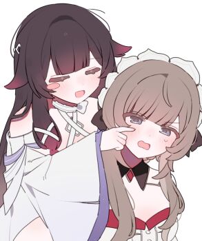 22_rink 2girls bare_shoulders black_bow black_collar black_hair blue_eyes blush blush_stickers bonnet bow brown_hair cheek_poking closed_eyes collar columbina_(genshin_impact) detached_collar dress gem genshin_impact gradient_hair hair_bow hair_flaps highres long_hair long_sidelocks long_sleeves multicolored_hair multiple_girls open_mouth peanut_mouth poking purple_hair red_gem sandrone_(genshin_impact) short_hair_with_long_locks sidelocks simple_background smile sweatdrop two-tone_hair upper_body very_long_hair white_background white_dress white_headdress wide_sleeves yuri