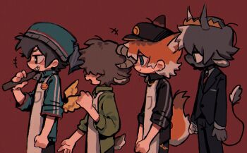 1other 3boys animal_ears apron axe beanie bird_boy bird_wings black_hair black_hat black_skin blue_hat brown_hair colored_skin cowboy_shot crown dream_smp duck_boy formal_clothes fox_boy fox_ears fox_tail from_side fundy_(youtuber) goat_boy goat_ears goat_horns goat_tail hair_over_eyes hat highres holding holding_axe horns humanization jacket male_focus minecraft_youtube multicolored_skin multiple_boys my7f_6 official_alternate_costume orange_hair quackity ranboo red_background short_hair standing suit tail track_jacket tubbo two-tone_skin white_apron white_skin wings