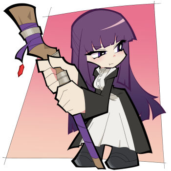 Rule 34 | 1girl, black shoes, blunt bangs, breasts, closed mouth, commentary request, dress, fern (sousou no frieren), full body, gradient background, holding, holding staff, light blush, long hair, long sleeves, okitya, outside border, panty &amp; stocking with garterbelt (style), pout, purple eyes, purple hair, shoes, sidelocks, solo, sousou no frieren, staff, standing