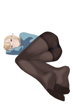1girl absurdres alternate_costume ass black_panties blonde_hair blue_shirt blush brown_pantyhose feet foot_focus foreshortening heart highres kitagawa_marin legs legs_together long_sleeves looking_at_viewer lying nmm no_pants no_shoes on_side panties panties_under_pantyhose pantyhose red_eyes shirt simple_background smile soles solo sono_bisque_doll_wa_koi_wo_suru thighband_pantyhose thighs toes underwear white_background