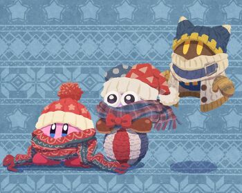 beanie blue_background blue_hat blue_helmet bow bowtie brown_shoes commentary_request hat helmet kirby kirby_(series) magolor marx_(kirby) miclot mittens nintendo no_humans red_bow red_bowtie red_hat red_scarf scarf shoes two-tone_hat winter_clothes yarn yarn_ball
