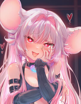 1girl animal_ears arm_belt bare_shoulders belt belt_buckle black_belt black_choker blush breasts buckle choker cleavage commentary commission crazy detached_sleeves english_commentary grey_hair hair_between_eyes hand_on_own_cheek hand_on_own_face heart heart-shaped_pupils highres leenarie long_hair looking_at_viewer medium_breasts mouse_ears multicolored_hair open_mouth original pink_hair red_eyes smile solo symbol-shaped_pupils tongue two-tone_hair upper_body watermark yandere
