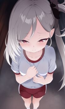 1gen_sinkun 1girl blue_archive collarbone commentary_request grey_hair gym_shirt gym_shorts gym_uniform hair_ornament highres long_hair mutsuki_(blue_archive) pointy_ears red_eyes red_shorts shirt short_sleeves shorts side_ponytail slit_pupils socks solo white_shirt white_socks