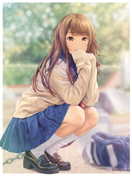 1girl a.x. absurdres black_shoes blue_skirt blurry bokeh border brown_eyes brown_hair commentary_request dated depth_of_field english_text highres leaf leaf_on_head long_hair looking_at_viewer original outdoors outside_border photo-referenced pleated_skirt school_uniform serafuku shoes skirt smile socks solo squatting sweater white_border white_socks