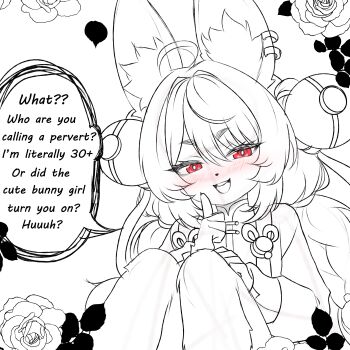 1girl absurdres ahoge animal_ears blush braid commentary english_commentary english_text flower furry furry_female highres index_finger_raised knees nose_blush open_mouth petals rabbit_ears rabbit_girl red_eyes rose rose_petals short_eyebrows sketch twin_braids white_kojinak zenless_zone_zero zhao_(zenless_zone_zero)