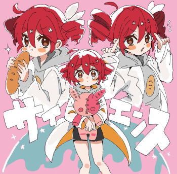 1girl akiramaru baguette black_shorts bread coat commentary drill_hair food grey_hoodie hair_between_eyes holding holding_food holding_stuffed_toy hood hood_down hoodie kasane_teto kasane_teto_(sv) long_sleeves looking_at_viewer multiple_views open_clothes open_coat red_hair science_(synthesizer_v) short_shorts shorts single_tear stuffed_animal stuffed_rabbit stuffed_toy synthesizer_v twin_drills white_coat