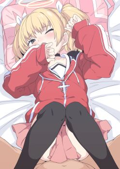 1boy 1girl animated animated_gif bed black_thighhighs blonde_hair blue_archive blush censored clothed_female_nude_male clothed_sex convenient_censoring halo hetero highres loli looking_at_viewer missionary mosaic_censoring nude penis pillow pink_skirt pleated_skirt pov pov_crotch pussy_juice school_uniform sex short_twintails size_difference skirt solo_focus thighhighs twintails vaginal wince yoshimi_(blue_archive) zettai_yarumoni