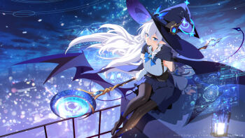 1girl absurdres black_cape black_pantyhose black_skirt blue_archive blue_bow blue_bowtie blue_eyes blurry bow bowtie building cape cityscape commentary_request cross cross_earrings demon_girl demon_horns demon_tail demon_wings depth_of_field detached_sleeves drill_hair earrings from_above hair_between_eyes halo hat highres holding holding_staff hood hooded_cape horns jewelry long_hair long_sleeves looking_at_viewer looking_up luna_(treeplanting) mage_staff night night_sky original outdoors pantyhose pencil_skirt pointy_ears sidelocks sitting skirt sky skyscraper solo staff star_(sky) starry_sky tail treeplanting white_hair wind wings witch_hat