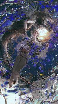 1boy absurdres afloat black_hair black_nails black_pants black_ribbon black_scales blonde_hair blue_flower bouquet chain chinese_text claws clock closed_eyes closed_mouth collared_shirt copyright_name english_text fingernails fins flower frilled_sleeves frills full_body gem hair_ribbon head_fins highres holding holding_bouquet holding_clock holding_flower leaf long_sleeves looking_at_viewer low_ponytail lying male_focus merman monster_boy nail_polish necktie on_back orange_necktie original pants partially_submerged ponytail purple_flower ribbon sharp_fingernails shirt short_hair solo starember water watermark weibo_watermark white_shirt yaoi yellow_gem