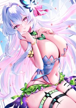 Rule 34 | 1girl, absurdres, areola slip, braid, breasts, character request, cleavage, clothing request, commentary, commission, copyright request, detached collar, diamond (shape), druid, english commentary, falling petals, flower, frilled panties, frills, garimayo, hair between eyes, hair flower, hair ornament, hand on own hip, highres, huge breasts, long hair, looking at viewer, multicolored hair, multiple thigh straps, navel, panties, petals, pink eyes, pink hair, pink ribbon, ribbon, skeb commission, solo, thick thighs, thigh strap, thighs, two-tone hair, underwear, very long hair, white hair