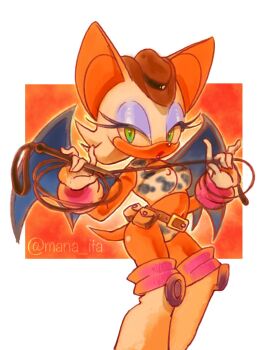 1girl animal_ears animal_nose animal_print bat_ears bat_girl bat_tail bat_wings belt blue_eyeshadow bra breasts brown_hat commentary_request covered_erect_nipples cow_print cowboy_hat cowboy_shot cowgirl_(western) eyeshadow furry furry_female gloves green_eyes hat highres holding holding_whip looking_at_viewer makeup mana_ita open_mouth panties rouge_the_bat simple_background solo sonic_(series) tail underwear white_fur white_gloves white_hair wings