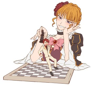 1boy 1girl beatrice_(umineko) black_choker black_necktie black_shoes blue_eyes blush board_game bow chess chess_piece choker collarbone collared_shirt frilled_choker frills grin hair_ornament hand_on_own_face highres holding holding_chess_piece hswoimuxk0pwr0h_(bbdan) jacket long_sleeves mini_person miniboy necktie orange_hair pants pink_bow puffy_long_sleeves puffy_sleeves red_hair red_shirt shirt shoes short_hair simple_background size_difference small_sweatdrop smile teeth umineko_no_naku_koro_ni ushiromiya_battler white_background
