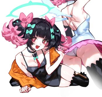 Rule 34 | 1girl, ass, backless dress, backless outfit, bare shoulders, black dress, black thighhighs, blush, bow, breasts, checkered necktie, cleavage, collarbone, colored inner hair, dress, fang, foolish potato, green bow, green halo, hair bow, halo, hashtag-only commentary, highres, looking at viewer, lying, multicolored hair, multiple hair bows, multiple views, nangong yu, necktie, on side, open mouth, panties, pink bow, red eyes, red nails, red necktie, scar, scar on back, short twintails, simple background, small breasts, thighhighs, twintails, underwear, white background, white panties, white wings, wings, zenless zone zero