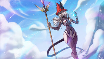 1girl absurdres alanscampos animal_ears burmecian cleft_of_venus cloud dragoon final_fantasy final_fantasy_ix freya_crescent furry furry_female green_eyes hat highres lingerie long_hair magic mouse_tail nipples polearm pussy ribbon sharp_nails sky snout solo spear tail tail_ornament tail_ribbon underwear weapon white_hair