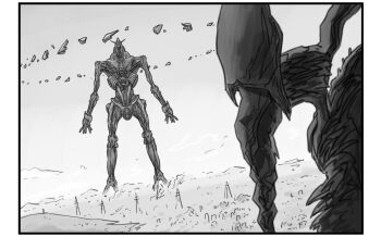 bit_(gundam) black_border bokurano border city greyscale gundam gundam_gquuuuuux highres imminent_fight mecha mecha_focus monochrome niiyan no_humans parody psycho_gundam_(gquuuuuux) redesign robot zearth