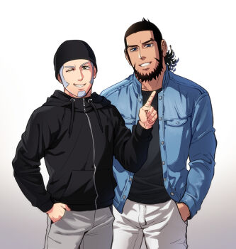 Rule 34 | 2boys, beanie, beard, black hair, black hat, black jacket, black shirt, blue eyes, blue jacket, brown eyes, commentary request, contemporary, cowboy shot, drawstring, eyelashes, facial hair, foxvulpine, golden kamuy, gradient background, grey pants, hand in pocket, hat, hood, hood down, jacket, kiroranke, male focus, mature male, multiple boys, one eye closed, pants, parted lips, shiraishi yoshitake, shirt, short hair, v-shaped eyebrows, white pants