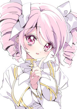 1girl blush breasts cross drill_hair finger_to_cheek gold_trim jacket jashin-chan_dropkick large_breasts looking_at_viewer medium_hair pink_eyes pink_hair pino_(jashin-chan_dropkick) smile solo twin_drills upper_body white_jacket yukiwo