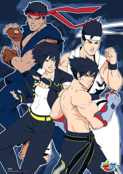 4boys alternate_color belt black_belt black_hair brown_hair chain commentary crossover dark_persona dark_skin dougi evil_ryu gakuran gauntlets gloves headband jacket kazama_jin kusanagi_kyou male_focus martial_arts martial_arts_belt multiple_boys muscular muscular_male official_alternate_costume olyjns pants photoshop_(medium) player_2 red_eyes red_headband ryu_(street_fighter) school_uniform street_fighter tekken the_king_of_fighters topless_male trait_connection virtua_fighter white_headband yuki_akira