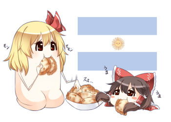 2girls argentina argentinian_flag bad_id bad_pixiv_id blonde_hair blush_stickers bow brown_eyes brown_hair eating empanada food full_body hair_bow hair_ribbon hair_tubes hakurei_reimu multiple_girls parody plate prehensile_hair red_eyes ribbon rumia seiza shin'ya_(mystic-soramame) short_hair simple_background sitting style_parody touhou white_background yukkuri_shiteitte_ne