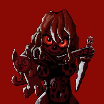 1girl absurdres animal bodypaint borrowed_character breasts brown_hair cat facepaint halloween halloween_costume highres holding holding_animal holding_cat holding_knife knife large_breasts long_hair looking_at_viewer navel nude original red_background red_eyes skull skull_facepaint smile soandnb standing upper_body