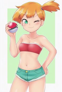 1girl ;) bandeau bare_arms bare_shoulders blush border breasts cleavage closed_mouth collarbone cosplay cowboy_shot cutoffs denim denim_shorts eyelashes green_background green_eyes green_shorts hair_tie hand_on_own_hip hand_up holding holding_poke_ball looking_at_viewer midriff misty_(pokemon) navel nintendo one_eye_closed orange_hair poke_ball poke_ball_(basic) pokemon pokemon_(anime) pokemon_(classic_anime) pokemon_adventures pokemon_rgby short_hair short_shorts shorts side_ponytail small_breasts smile solo standing strapless tube_top v-shaped_eyebrows white_border