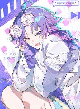 18trip 1boy :d absurdres ahoge black_sweater blue_eyes blue_shorts braid coke-bottle_glasses fang glasses gradient_hair heterochromia highres knees_up looking_at_viewer low_twin_braids male_focus multicolored_hair open_mouth oversized_sweater parted_bangs pink_eyes pink_hair purple_hair shirt shorts sitting sleeves_past_fingers sleeves_past_wrists smile solo sunao1130 sweater twin_braids v yowa_netaro