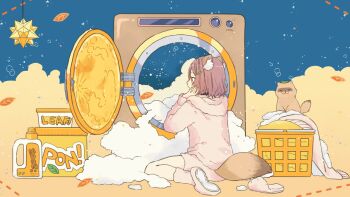 1girl animal animal_ear_fluff animal_ears bottle braid brown_hair character_request commentary_request copyright_request falling_leaves fantasy foam from_behind full_body grey_hoodie grey_shoes grey_shorts hood hoodie laundry laundry_basket leaf long_sleeves matsumine_(twin-mix) on_cloud raccoon raccoon_ears raccoon_girl raccoon_tail shoes short_hair shorts side_braid sitting sky slippers star_(sky) star_(symbol) starry_sky tail washing_machine white_background