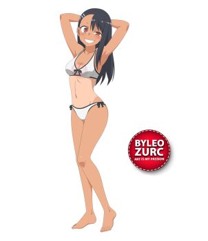 1girl armpits barefoot black_hair bra brown_eyes dark-skinned_female dark_skin feet ijiranaide_nagatoro-san leozurcxxx long_hair nagatoro_hayase panties solo swimsuit tan tanline transparent_background underwear