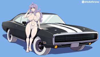 absurdres artist_name ass bikini blue_background breasts car dodge_(company) dodge_charger high_school_dxd highres huge_ass huge_breasts ingvild_leviathan lukaforyou micro_bikini motor_vehicle muscle_car peace_symbol pinup_(style) purple_hair simple_background source_request standing swimsuit thighhighs thighs twitter_username twitter_x_logo v wavy_hair white_bikini yellow_eyes