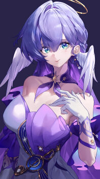 Rule 34 | 1girl, absurdres, aqua hair, bare shoulders, breasts, cleavage, collarbone, commentary request, erdongjinming, feathered wings, feathers, gloves, green eyes, hair between eyes, halo, head wings, highres, honkai: star rail, honkai (series), jewelry, long hair, looking at viewer, robin (honkai: star rail), smile, solo, upper body, wings