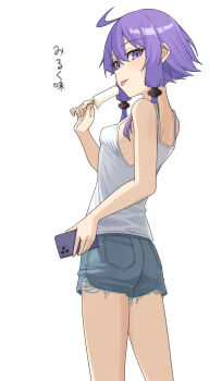 1girl absurdres ahoge ass breasts camisole cellphone covered_erect_nipples flat_ass food gukr4322 highres phone popsicle purple_eyes purple_hair short_hair_with_long_locks short_shorts shorts small_breasts smartphone solo tongue tongue_out translated voiceroid white_background yuzuki_yukari