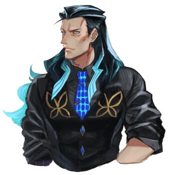 1boy absurdres black_hair black_vest blue_eyes blue_necktie closed_mouth commentary_request cropped_torso fate/grand_order fate_(series) grey_shirt highres long_hair looking_at_viewer male_focus mature_male necktie nikola_tesla_(fate) saida_(ohda_ooda) shirt sideburns simple_background solo upper_body very_long_hair vest white_background