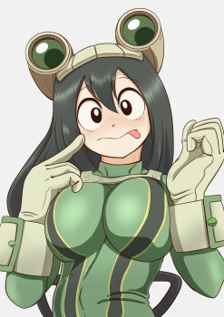 1girl absurdres asui_tsuyu asui_tsuyu_(hero_outfit) black_eyes black_hair bodysuit boku_no_hero_academia female_focus finger_to_cheek gloves goggles goggles_on_head green_bodysuit hair_between_eyes hero_outfit_(mha) highres katsun looking_at_viewer simple_background solo superhero_costume superheroine_costume white_background white_gloves