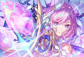 Rule 34 | 1girl, bare shoulders, blue eyes, breasts, broken glass, closed mouth, commentary, diamond-shaped pupils, diamond (shape), elysia (herrscher of human: ego) (honkai impact), elysia (honkai impact), flower, glass, gloves, hair intakes, hair ornament, highres, holding, holding staff, honkai (series), honkai impact 3rd, looking at viewer, medium breasts, multicolored eyes, papipiko, pink hair, portrait, purple eyes, rose, smile, solo, staff, symbol-shaped pupils, two-tone eyes, white flower, white gloves, white rose