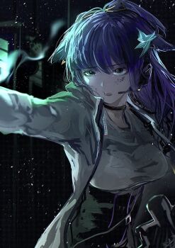 1girl animal_ears arknights arm_up black_choker black_hair breasts cat_ears cat_girl choker collarbone commentary_request ears_down gradient_hair green_eyes gun hair_ornament half-closed_eyes hamaguri-san_(hamagur69200744) headset high-waist_skirt highres holding holding_gun holding_weapon jacket jessica_(arknights) jessica_the_liberated_(arknights) large_breasts long_hair looking_ahead multicolored_hair night open_mouth outdoors parted_bangs parted_lips ponytail purple_hair scrape shirt shirt_tucked_in sidelocks skirt sky solo swept_bangs teeth upper_teeth_only weapon white_jacket white_shirt