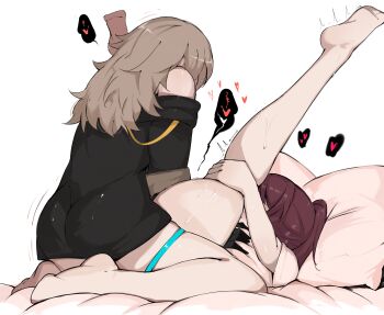 2girls absurdres arnkun ass black_jacket brown_hair grey_hair heart highres honkai:_star_rail honkai_(series) jacket kafka_(honkai:_star_rail) kneeling legs_up long_hair lying multiple_girls on_back on_bed simple_background speech_bubble spoken_heart stelle_(honkai:_star_rail) trailblazer_(honkai:_star_rail) white_background yuri