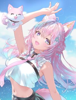 1girl animal_ears antenna_hair arm_up bare_arms bare_shoulders belt black_belt black_choker black_skirt blue_sky blush braid braided_bun breasts chest_belt choker cloud cloudy_sky collared_shirt commentary_request crown_braid day fang fingernails frilled_shirt frills hair_bun hair_ornament hakui_koyori hakui_koyori_(1st_costume) heart heart_choker highres hololive kokoro_(hakui_koyori) large_breasts long_hair looking_at_viewer midriff nail_polish nanaki24 navel necktie ocean open_mouth pink_hair pink_nails pink_necktie pink_tail purple_eyes shirt skirt sky sleeveless sleeveless_shirt smile stomach tail teeth upper_teeth_only virtual_youtuber white_shirt wolf_ears wolf_girl wolf_tail