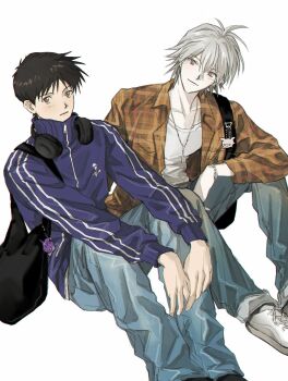 2boys absurdres bag black_hair chanmine headphones headphones_around_neck headphones_removed highres ikari_shinji jacket male_focus multiple_boys nagisa_kaworu neon_genesis_evangelion shirt track_jacket white_hair