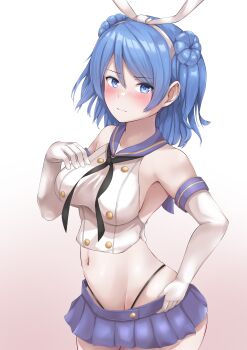 1girl absurdres black_panties blue_eyes blue_hair blue_skirt blush braid breasts commentary_request commission cosplay crop_top double_bun elbow_gloves gloves gradient_background hair_bun hairband highleg highleg_panties highres kantai_collection long_hair medium_breasts medium_hair navel onozuka_yuruo panties pink_background sailor_collar school_uniform serafuku shimakaze_(kancolle) shimakaze_(kancolle)_(cosplay) skeb_commission skirt underwear urakaze_(kancolle) white_gloves