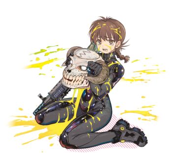 1boy 1girl abs ankle_boots bags_under_eyes biker_clothes bikesuit black_boots bodysuit boots braid brown_eyes brown_hair brown_horns collar costume_request covered_navel crying crying_with_eyes_open curved_horns drooling elbow_pads eyebrows_hidden_by_hair forward-facing_horns gloves glowing glowing_eyes grey_bodysuit grey_gloves gun high_collar holding holding_skull horn_grab horns ichigaya_sumire knee_pads long_hair looking_at_viewer matching_hair/eyes mouth_drool non-web_source rai_rai_rai rubber_boots scared sheep_horns shoulder_pads simple_background single_braid sitting skin_tight skull staring tagme tears thighs transparent_background wariza weapon weapon_request wide-eyed wide_hips yoshiaki_kei