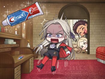 1boy 2girls blonde_hair claude_von_riegan commission dark-skinned_female dark_skin edelgard_von_hresvelg fire_emblem fire_emblem:_three_houses fire_emblem_awakening garreg_mach_monastery_uniform indoors lissa_(fire_emblem) long_hair multiple_girls nintendo open_mouth shg_(hiomaika) toothpaste twintails white_hair
