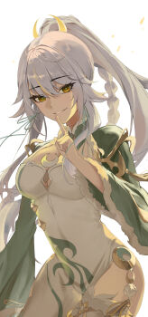 1girl absurdres braid breasts china_dress chinese_clothes commentary_request cowboy_shot crescent crescent_hair_ornament dress fur-trimmed_sleeves fur_trim genshin_impact grey_hair hair_ornament highres kuji-in large_breasts long_hair looking_at_viewer ponytail short_dress sidelocks single_braid smile solo user_dntu8858 white_background white_dress wide_sleeves yellow_eyes zibai_(genshin_impact)