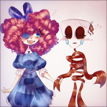 2girls button_eye doll_girl dress gangle gangle_(the_amazing_digital_circus) glitch_productions highres mask multiple_girls ragatha ragatha_(the_amazing_digital_circus) red_hair ribbon tears the_amazing_digital_circus